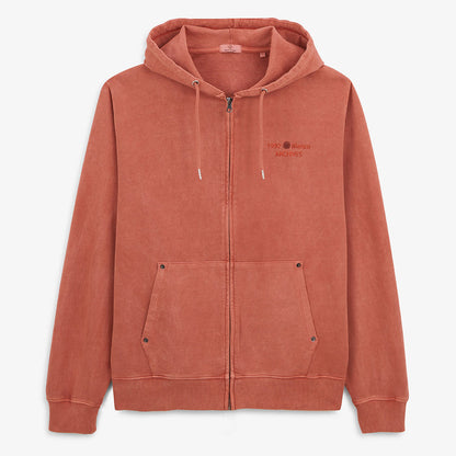 Sweat à Capuche Zippé Teinture Old en Coton Orange Rouille Homme SERGE BLANCO