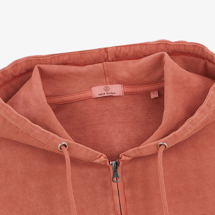 Sweat à Capuche Zippé Teinture Old en Coton Orange Rouille Homme SERGE BLANCO