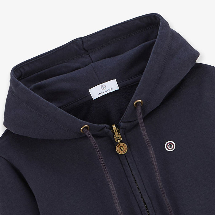Sweat garçon à capuche en coton Sidney zippé bleu dark navy serge blanco 3