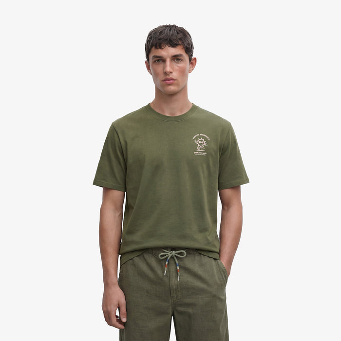 T-shirt col rond en coton imprimé poitrine vert militaire