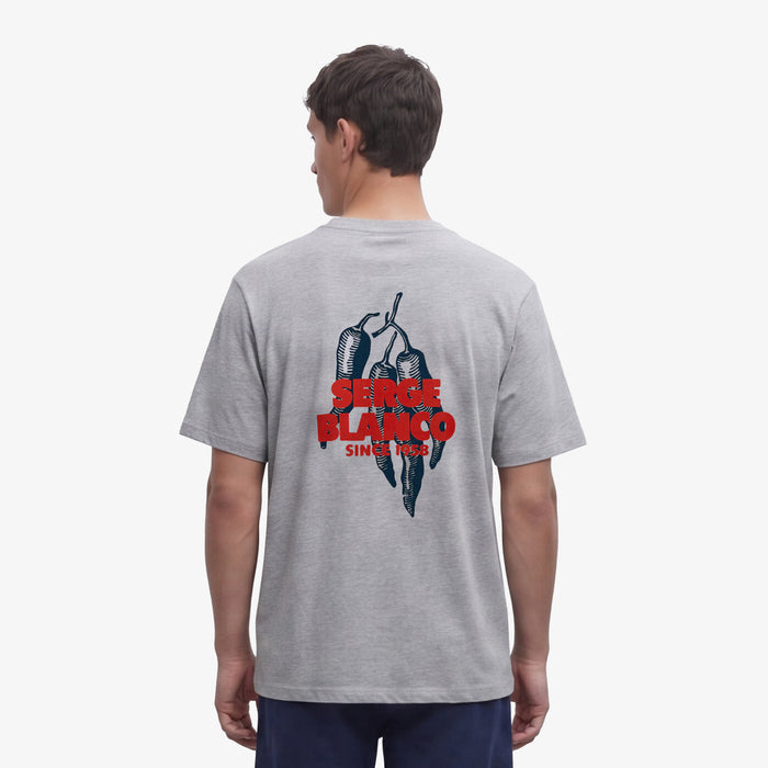 T-shirt col rond imprimé dos piments en coton gris chiné