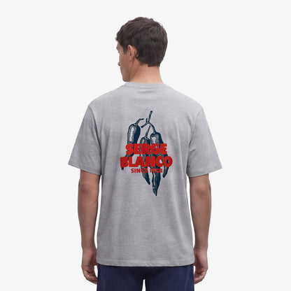 T-shirt col rond imprimé dos piments en coton gris chiné