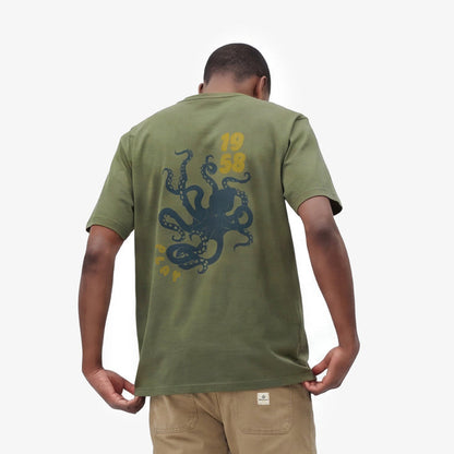 T-shirt col rond vert militaire en coton imprimé dos pieuvre