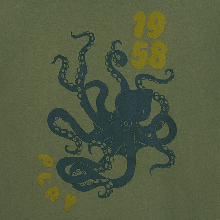 T- shirt Col Rond Vert Army en Coton Imprime Dos Pieuvre Homme SERGE BLANCO