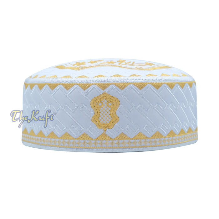 Textured White and Gold Embroidered Sandal Kufi Hat