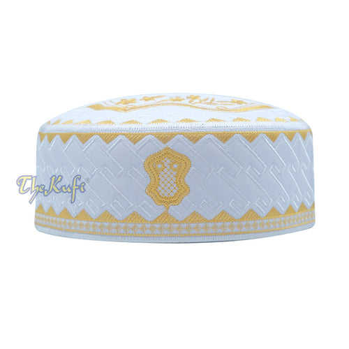 Textured White and Gold Embroidered Sandal Kufi Hat
