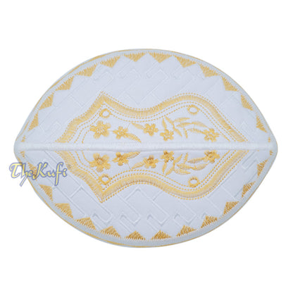 Textured White and Gold Embroidered Sandal Kufi Hat