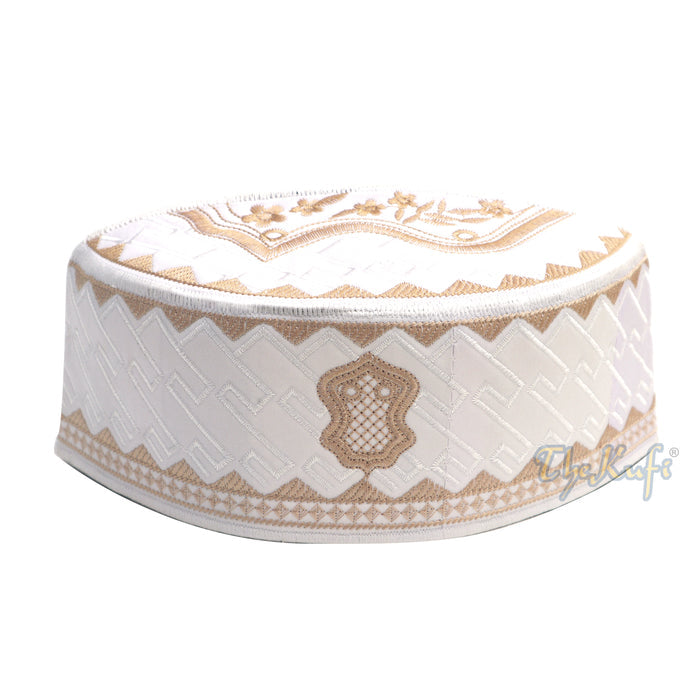Textured White and Light Brown Embroidered Sandal Kufi Hat