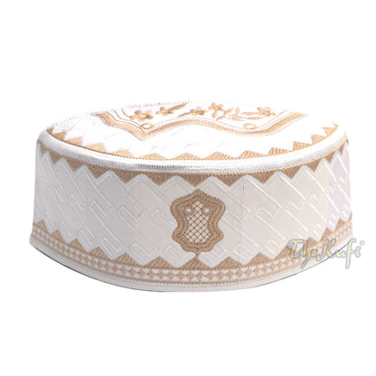 Textured White and Light Brown Embroidered Sandal Kufi Hat