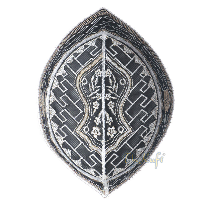 Textured White and Light Brown Embroidered Sandal Kufi Hat