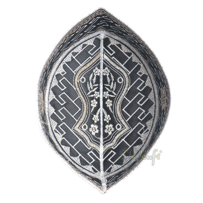 Textured White and Light Brown Embroidered Sandal Kufi Hat