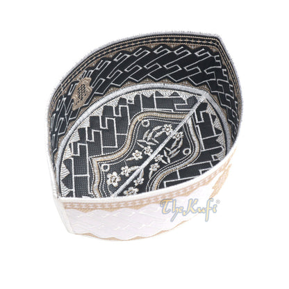 Textured White and Light Brown Embroidered Sandal Kufi Hat