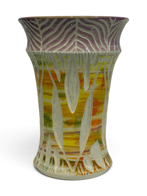 Vase - sgraffito trees, yellow & purple