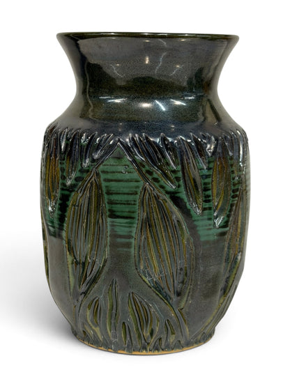 Vase, tall - sgraffito trees, monstera