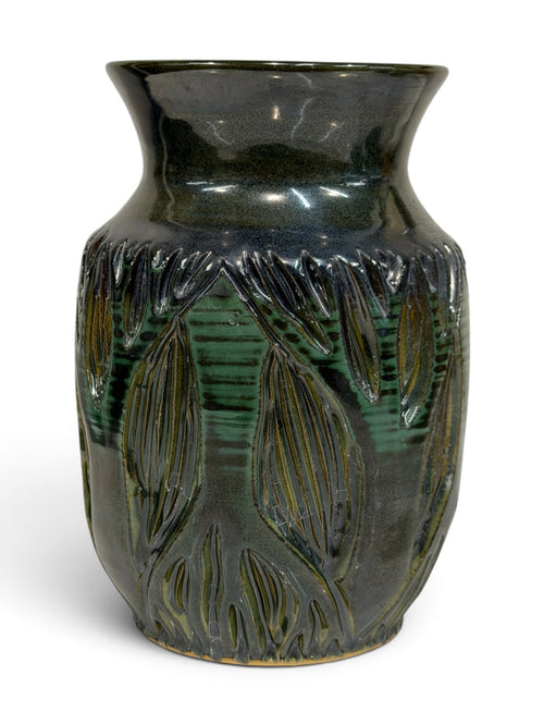 Vase, tall - sgraffito trees, monstera