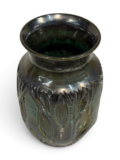 Vase, tall - sgraffito trees, monstera