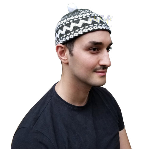 Warm Beanie Kufi Winter Hat with Ball Top - Army Green Cotton-Blend Zigzag Style