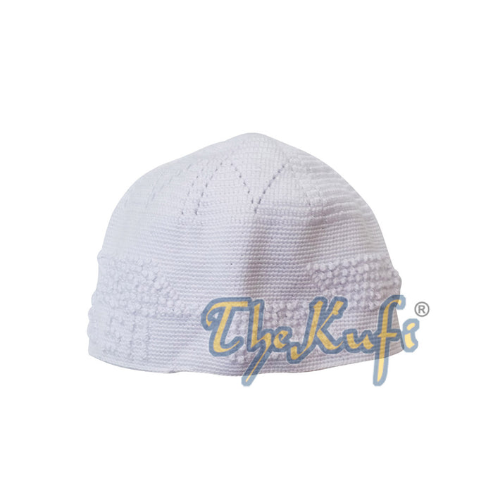 White Cotton Hand-Crochet with Parallelogram Knot Design Open-Weave Feature On Top Kufi