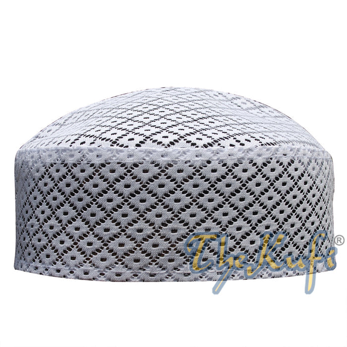 White Kufi Hat - Stiffened Mesh Lace Open-Work Crosshatch Diamond Design Cap