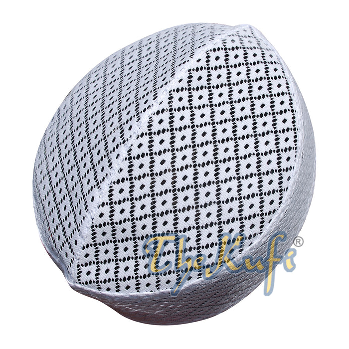 White Kufi Hat - Stiffened Mesh Lace Open-Work Crosshatch Diamond Design Cap