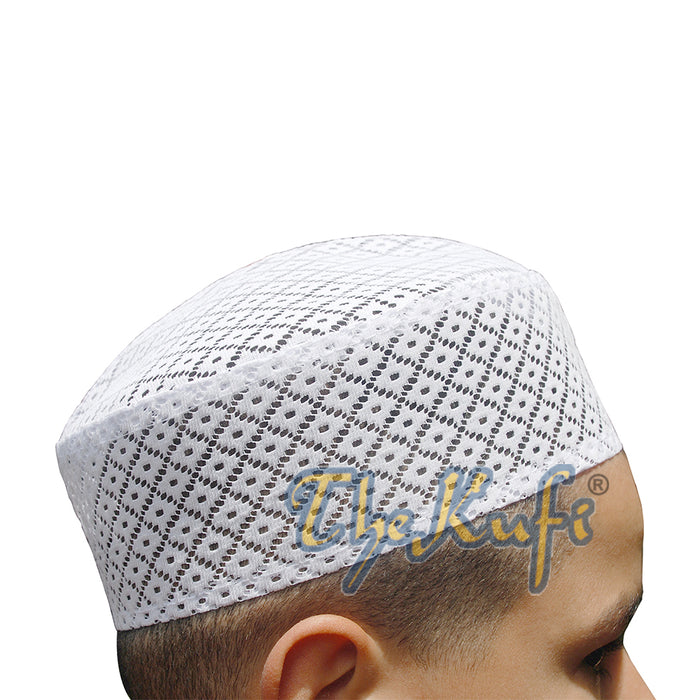 White Kufi Hat - Stiffened Mesh Lace Open-Work Crosshatch Diamond Design Cap