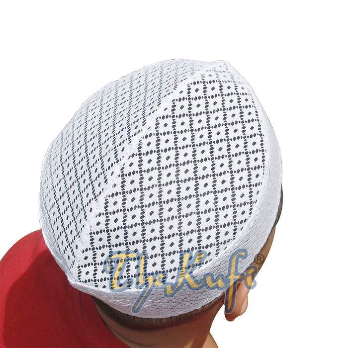 White Kufi Hat - Stiffened Mesh Lace Open-Work Crosshatch Diamond Design Cap
