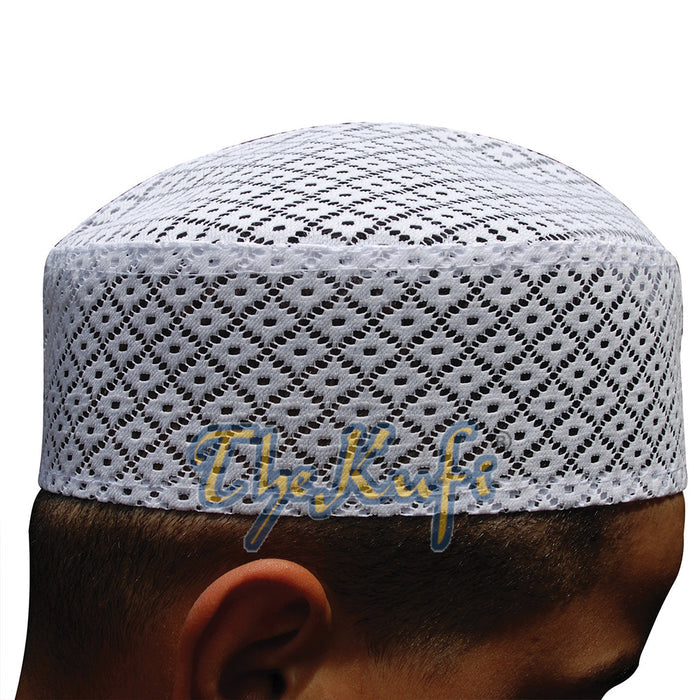 White Kufi Hat - Stiffened Mesh Lace Open-Work Crosshatch Diamond Design Cap