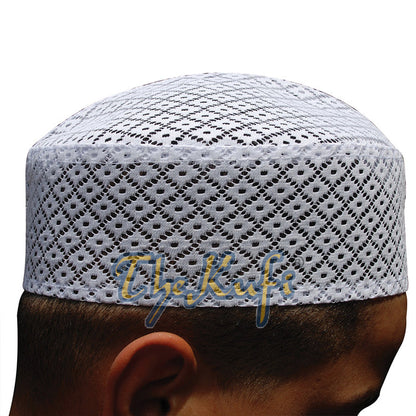 White Kufi Hat - Stiffened Mesh Lace Open-Work Crosshatch Diamond Design Cap