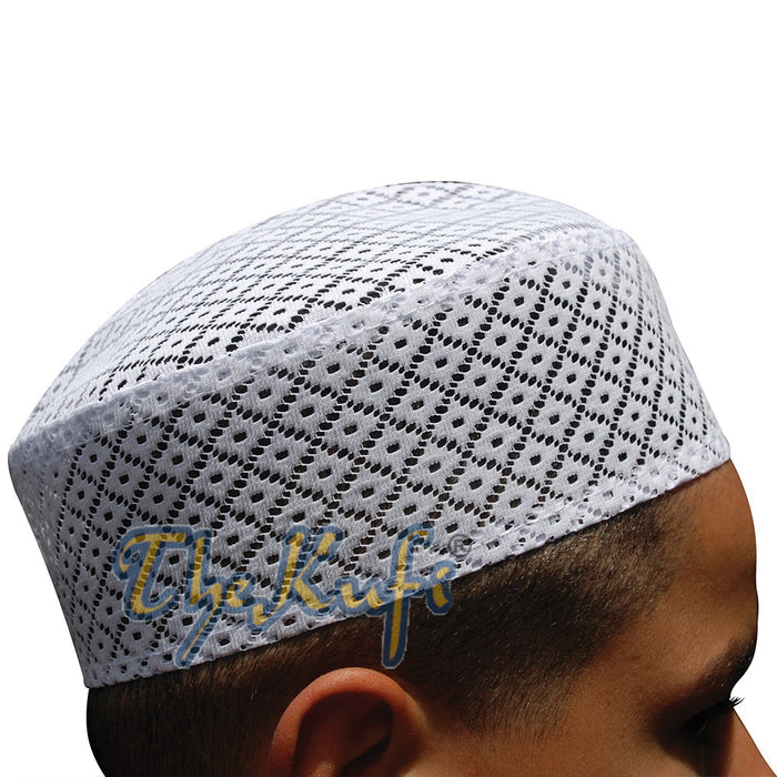 White Kufi Hat - Stiffened Mesh Lace Open-Work Crosshatch Diamond Design Cap
