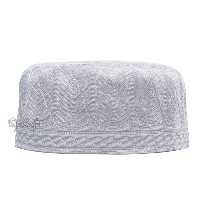 White Madinah Kufi | Embroidered Mix Fabric 3-inch Muslim Hat