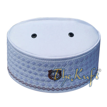 White Rigid Brown Embroidered Habaib Kufi with 4 Holes